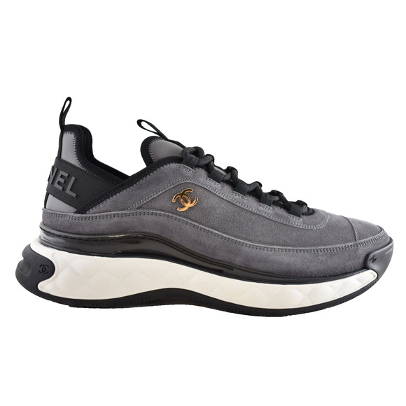 Chanel 23K Mens Grey Black White CC Logo Lace Up Low Top Trainer Sneaker 44 11 - Picture 1 of 13
